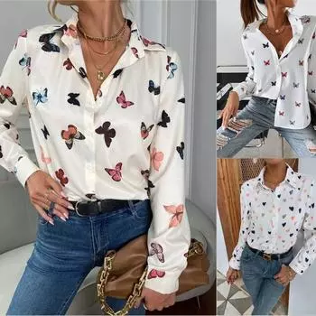 Модные свободные рубашки с длинным рукавом и принтом бабочек S-5XL, женские винтажные однобортные блузки больших размеров, женские элегантные офисные блузки с лацканами 26247 S