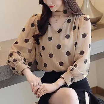 Модные свободные рубашки с длинным рукавом в горошек для женщин, облегающие элегантные свободные повседневные блузки для женщин, простые офисные топы с V-образным вырезом для женщин 1150 M шампанского