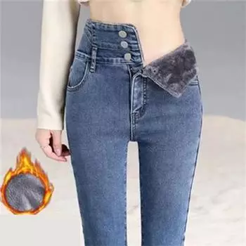 Модные свободные теплые женские джинсы с высокой талией, большие размеры, осень-зима, плюшевые бархатные женские джинсы, джинсовые брюки, повседневные облегающие винтажные женские брюки 30108 S чёрный
