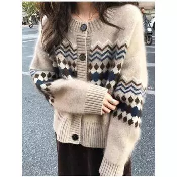 Модные свободные вязаные кардиганы с круглым вырезом, женские свитера, куртки, новые осенние свитера с длинным рукавом и принтом, женские элегантные винтажные женские кардиганы, топы 25504 One Size тёмно-синий