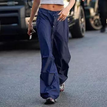 Модные свободные женские брюки-карго на шнурке, новая уличная одежда, элегантные повседневные длинные брюки, женские весенне-летние карманы с карманами, синие брюки 729 S синий