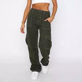 Модные свободные женские джинсы-карго с высокой талией, уличные, с карманами, широкие рабочие брюки, осень-весна, повседневные мешковатые длинные брюки, женские брюки 1349 S чёрный