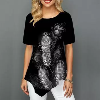 Модные свободные женские футболки с 3D-принтом из перьев и круглым вырезом, 3D-печать, топы, весна-лето, новая женская одежда, модная одежда XS-8XL 3XL