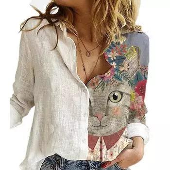 Модные свободные женские рубашки с цифровым принтом в виде животных и кошек, осенние офисные белые блузки с отложным воротником и рукавами, повседневный кардиган с принтом, топ XXL