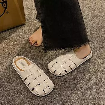 Модные тапочки Baotou Flat Slippers 2024 Летние новые женские туфли однотонные повседневные плетеные мюли тапочки бежевые слипоны пляжные сандалии шлепанцы 35 хаки