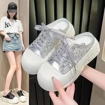 Модные тапочки Baotou на толстой подошве со шнуровкой 2024 года, летняя мода с блестками, повседневная, удобная, дышащая обувь 35 чёрный