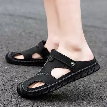 Модные тапочки двойного назначения 2024 года, сандалии, мужские кожаные сандалии, классические римские сандалии, мягкие повседневные походные туфли для пляжа и отдыха 38 чёрный
