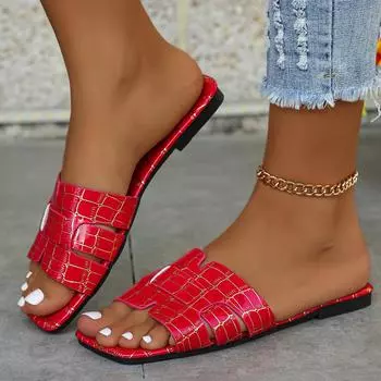 Модные тапочки из искусственной кожи с каменным узором, женские летние дизайнерские сандалии на плоской подошве с квадратным носком, повседневная однотонная женская пляжная обувь, большой размер 36
