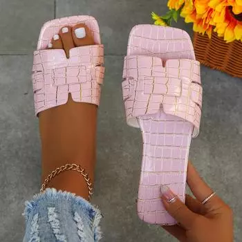 Модные тапочки из искусственной кожи с каменным узором, женские летние дизайнерские сандалии на плоской подошве с квадратным носком, повседневная однотонная женская пляжная обувь, большой размер 36