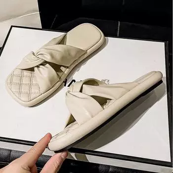 Модные тапочки из мягкой кожи с перекрестными полосками на платформе, женские дизайнерские сандалии с толстой подошвой и плиссированными полосками, женские, большие размеры, для улицы 5 бежевый