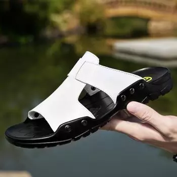 Модные тапочки из натуральной кожи для мужчин, нескользящая летняя обувь для дома, повседневная обувь, классные мягкие пляжные пантуфли, большие размеры 37-49 37 чёрный