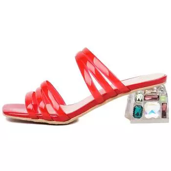 Модные тапочки из ПВХ с ремешком, женские летние роскошные босоножки на каблуках с кристаллами, женские мюли, женские белые красные туфли для вечеринок, повседневные, большого размера 35 красный