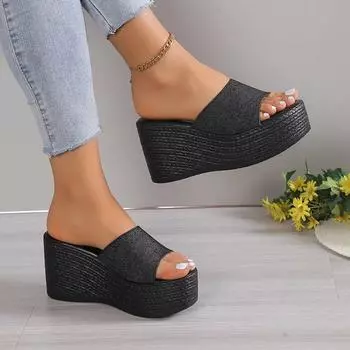 Модные тапочки Лето 2024 Новые женские сандалии на танкетке Платформа Пляжные шлепанцы Трендовые туфли на высоком каблуке Женская обувь Туфли-лодочки Толстые шлепанцы Mujer 34 чёрный