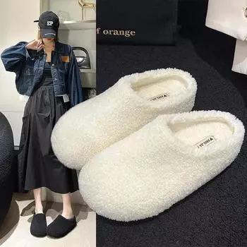 Модные тапочки Mao Mao для женской верхней одежды 2024 года, осень/зима, новые толстые подошвы, домашние меховые теплые хлопковые тапочки 35 коричневый