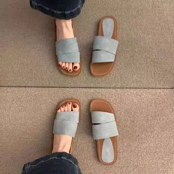 Модные тапочки на низком каблуке с открытым носком из искусственной кожи с плоской подошвой, горячая распродажа 2024 года, женская обувь, модные летние элегантные женские тапочки для отдыха на открытом воздухе 35 синий