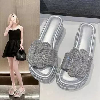 Модные тапочки на толстой подошве для женщин, модная верхняя одежда, босоножки с открытым носком, блестящие тапочки на танкетке со стразами, женские 2024 35