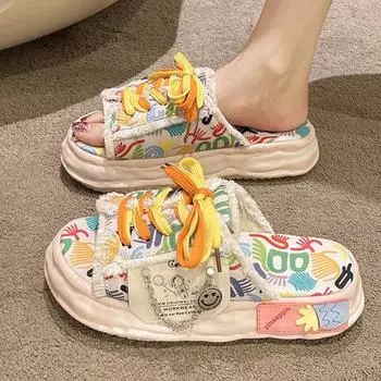 Модные тапочки на толстой подошве, сандалии, женские, модные, мягкие, на плоской подошве, роскошные, резиновые, с граффити, с перекрестными ремешками, шлепанцы, женские, сандалии 35 чёрный