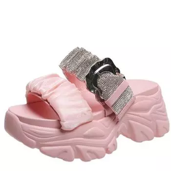 модные тапочки на толстой подошве, женская летняя новая верхняя одежда, модные босоножки и тапочки со стразами и внутренней частью, увеличивающие рост и утягивающие, на покатом каблуке 34 бежевый