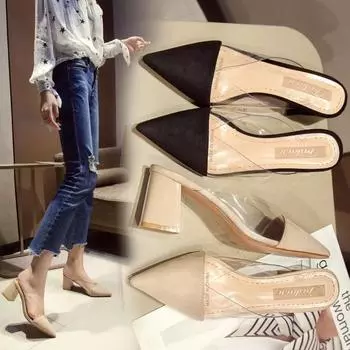 Модные тапочки на высоком каблуке 7 см, прочная обувь из ПВХ для женщин, замшевые шлепанцы, сандалии с острым носком Zapatos Mujer, Verano2024 34 чёрный