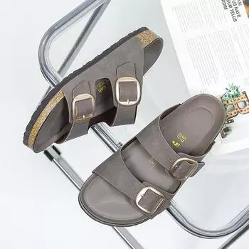 Модные тапочки, новые мужские сандалии из замши, повседневные туфли-слайды из нубука, пробковые тапочки с двумя пряжками, летняя обувь на плоской подошве, бренд 37 бежевый