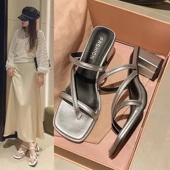 Модные тапочки Повседневные туфли на квадратном каблуке Летние женские туфли Шлепанцы Мюли на каблуке Pantofle Резиновые шлепанцы Роскошные высокие туфли 2024 Гавайские 35 бежевый