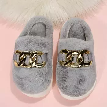 Модные тапочки размера плюс 42 43 с цепочкой домашние женские сабо зимние на платформе пушистые шлепанцы женские пушистые шлепанцы 2024 новые плоские мюли 36-37 серый
