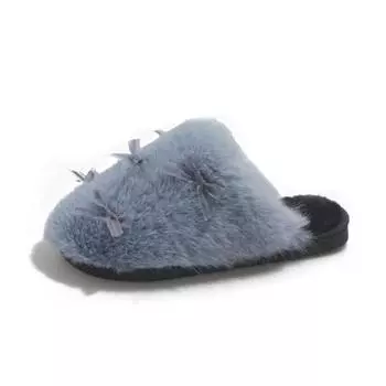 модные тапочки с бантом на плоской подошве из меха, зимняя женская обувь 2025 года, новые повседневные шлепанцы, модные теплые короткие плюшевые домашние туфли Zapatillas Mujer 36-37 синий
