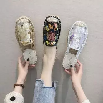 Модные тапочки с блестками Женские летние универсальные сандалии на плоской подошве Женские сетчатые тапочки в стиле ретро Модные мокасины Bling Muller Shoes 35