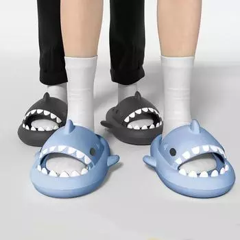 Модные тапочки с изображением акулы для женщин и мужчин, уличные пляжные шлепанцы, нескользящие толстые сандалии для ванной комнаты, домашняя обувь для пар, плоская обувь, шлепанцы с акулой 36 чёрный