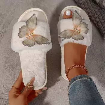 Модные тапочки с мехом бабочки, женские зимние теплые плюшевые домашние тапочки, женские легкие удобные шлепанцы на плоской подошве из искусственного меха и хлопка 36-37 белый