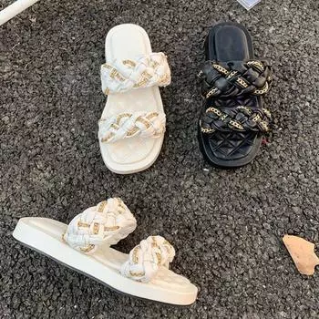 Модные тапочки с металлической цепочкой и двойной полосой, женские сандалии, летняя обувь, женские шлепанцы на толстой подошве, шикарные вязаные шлепанцы, женские 5 белый
