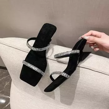 Модные тапочки с пайетками Женские летние сандалии Модные блестящие простые тапочки Шлепанцы Пляжные ромбовидные балетки Уличные сандалии 35 чёрный