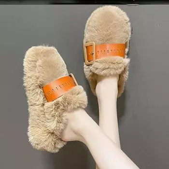 Модные тапочки с толстой подошвой и плюшем, женские, 2024, новые, осенне-зимние, высококачественные, верхняя одежда, обтянутые полутапочки для женщин 35 хаки