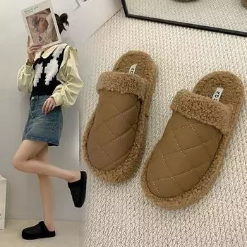 Модные тапочки. Толстая подошва. Плюшевые тапочки. Плюшевая плоская подошва. Резиновая искусственная ткань. Плоские туфли для женщин. Модные и удобные. 35 бежевый