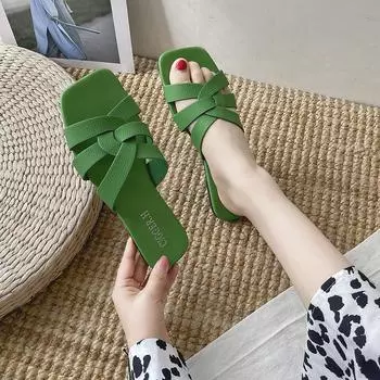 Модные тапочки, женская летняя обувь, сандалии на плоской подошве, новые зеленые, низкие и элегантные, дешевые товары, домашняя женская, пляжная, удобная 35 коричневый