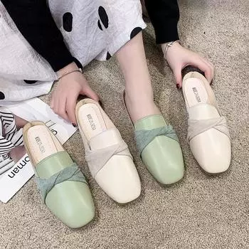 Модные тапочки, женская верхняя одежда, лето 2024, новый стиль, универсальные туфли-мюли на плоской подошве Baotou, остроконечные тапочки с заклепками и гвоздями, ленивые полутапочки rty67 4 светло-зеленый