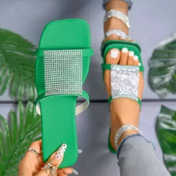 Модные тапочки женские 2024Woman Square Head Rhinestone Hollow Sexy Universal Shoes Flat Open Toe Airful Beach Shoes Slides 36 зелёный