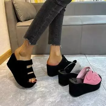 Модные тапочки женские корейские летние тапочки на толстой подошве с покатым каблуком 43, женские тапочки на высоком каблуке 35