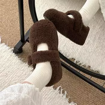 Модные темпераментные белые туфли с небольшим ароматом и флисом на плоской подошве из шерсти женские 2025 новые зимние теплые туфли Мэри Джейн из хлопка 35 чёрный