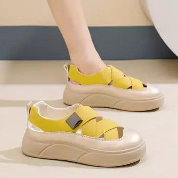 Модные темпераментные одинарные туфли 2024 года, летние новые кроссовки с дышащей полой подошвой, повседневные вулканизированные туфли с толстой подошвой Zapatos De Mujer 35 жёлтый