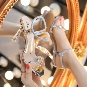 Модные темпераментные сандалии, женские летние новые корейские тапочки с ремешком на щиколотке, женские туфли на высоком каблуке с прозрачным поясом и стразами 40 золотой