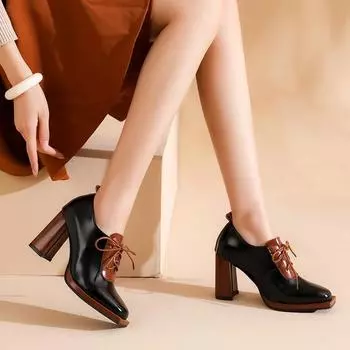 Модные темпераментные туфли с квадратным носком и толстым высоким каблуком из кожи для женщин, туфли-оксфорды в британском стиле, толстые, неглубокие, офисные туфли 34 бежевый