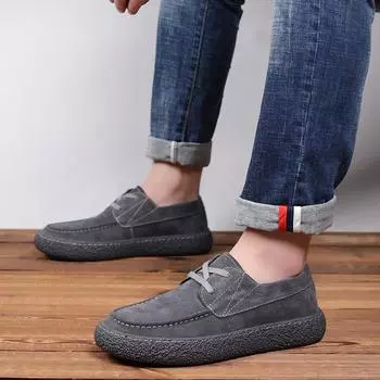 Модные тенденции Мужская повседневная обувь Ручной работы Удобная мужская обувь Качественная коровья замша Кожа Плоские мужские кроссовки на толстой подошве Мужская обувь 38 серый