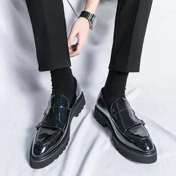 Модные тенденции, мужские оксфорды с двойной пряжкой, кожаные мокасины с острым носком, элегантные деловые туфли для свиданий, обувь ручной работы на толстой подошве 37 чёрный