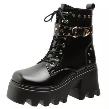 Модные теплые ботильоны на платформе 9 см для женщин 2024 года, нескользящие ботинки из армейского панк-меха, женские кожаные мотоциклетные ботинки с пряжкой 35 чёрный