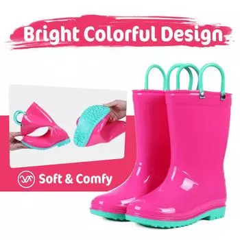 Модные теплые детские резиновые сапоги с ручками, милые динозавры-единороги, унисекс, резиновые сапоги для девочек и мальчиков, водонепроницаемые нескользящие сапоги 23-Foot 6.06inch розы красного