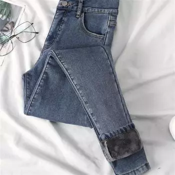Модные теплые джинсы скинни для отдыха, женские джинсы в корейском стиле, женские эластичные джинсовые брюки с высокой талией, женские брюки-карандаш 25 чёрный