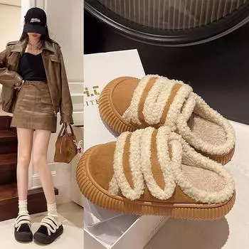 Модные теплые хлопковые тапочки, женские, новые зимние туфли на платформе 2024 года, мягкие плюшевые толстые подошвы, повседневные зимние туфли, женские плюшевые теплые тапочки 36 коричневый