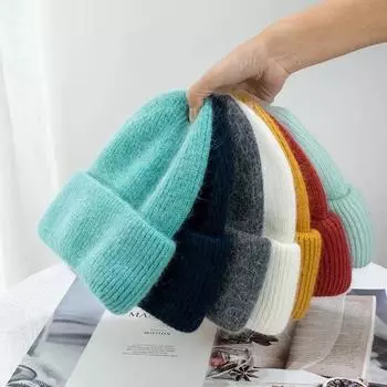 Модные теплые кашемировые шерстяные шапки из меха кролика Анголы, зимние вязаные шапки для женщин, женские шапки с тремя сгибами для лыжного спорта 54-60cm