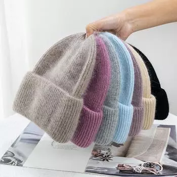 Модные теплые кашемировые шерстяные шапки Skullies из меха кролика Анголы, зимние вязаные шапки для женщин, женские лыжные теплые шапки для активного отдыха 55-60cm
